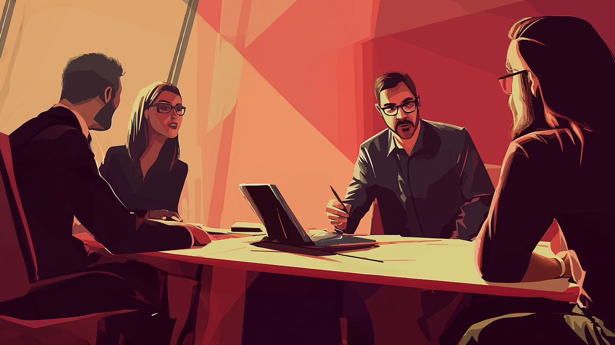 An illustration of three people asking an idividual questions.
