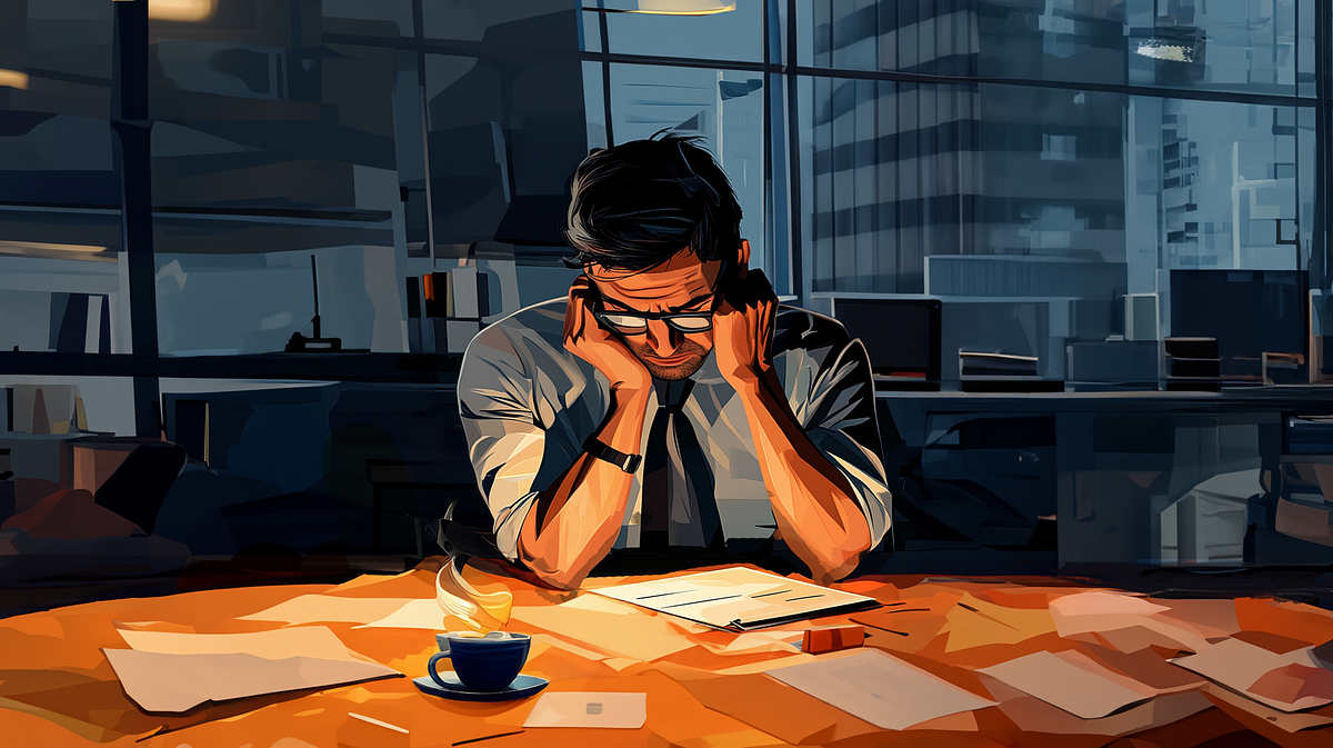 An illustration of a man at a table working late into the evening.